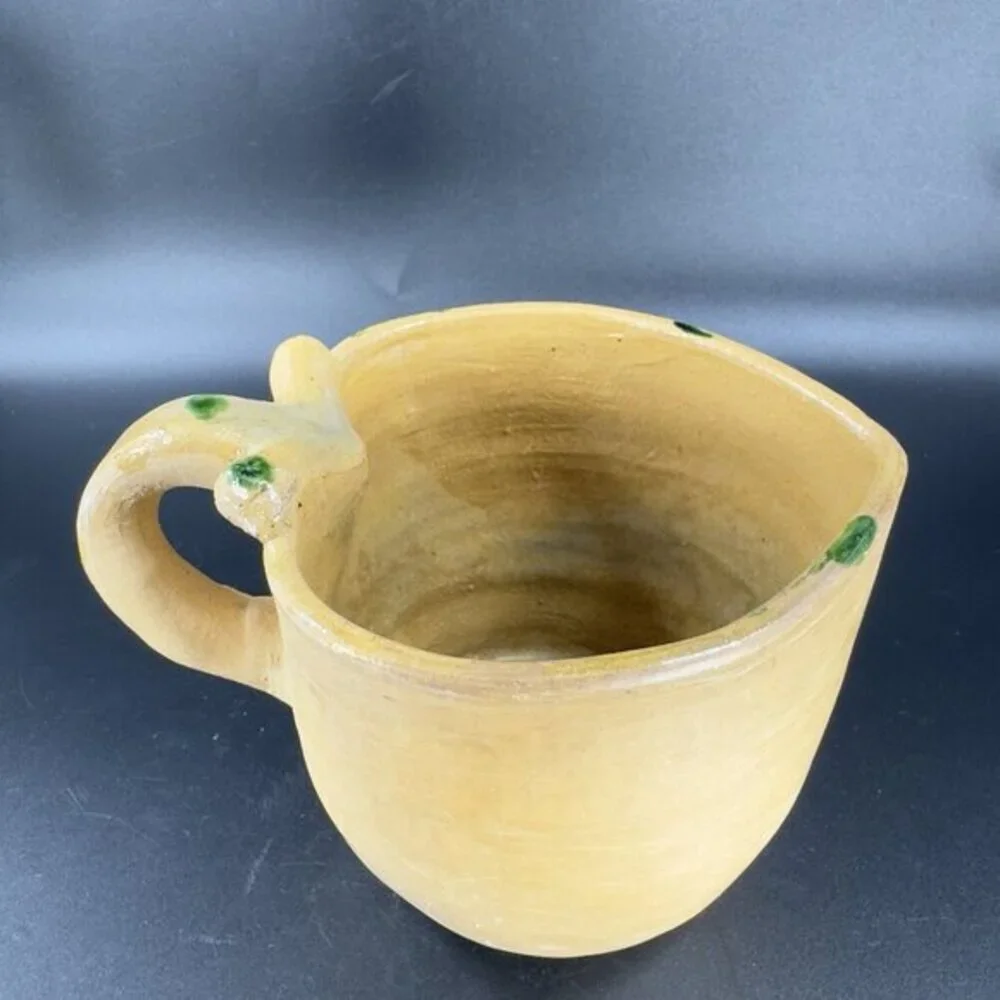Vintage Stoneware Hand Made Pottery Pitcher Creamer Heart Shaped Green Spots VTG